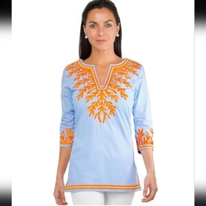 Gretchen Scott  Tunic The Reef Womens L Blue/orange Coastal Resort Cotton